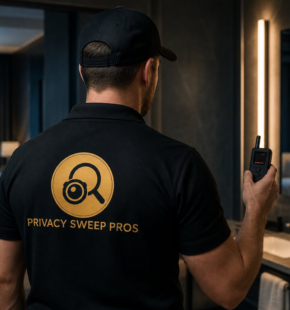 Privacy inspector checking a hotel bathroom with detection equipment